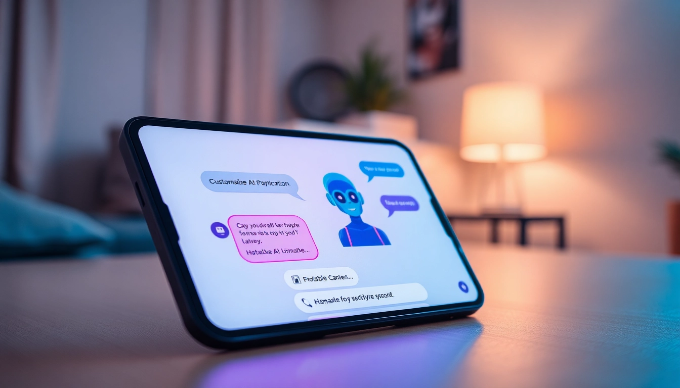 Close-up of a futuristic chat interface on a device, showcasing an AI character with vibrant colors and sleek design elements.
