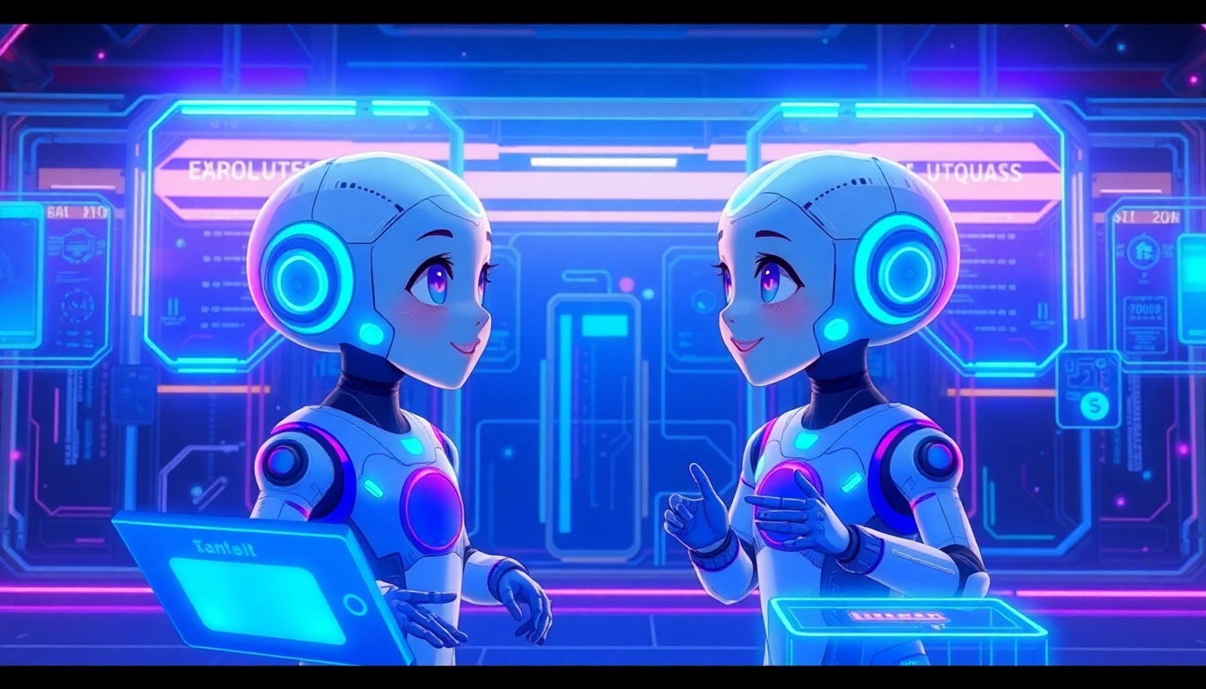 An illustration of two AI characters interacting in a glowing, high-tech virtual environment with holographic interfaces and digital particles.