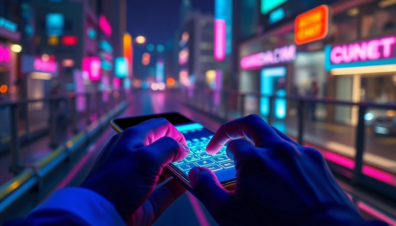 Close-up of hands using a smartphone with a glowing AI chatbot interface, set against a neon-lit cityscape background.