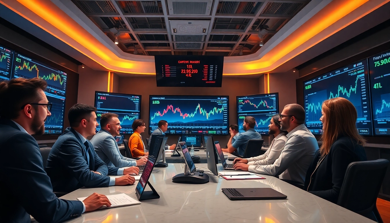 Financial News Updates UK features professionals analyzing stock data in a modern newsroom setting