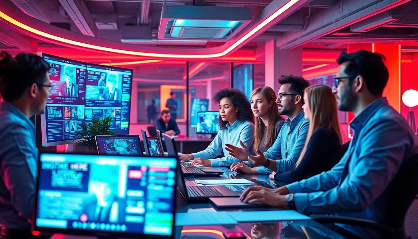 Technology Startup News insights displayed on screens as a diverse team collaborates in a