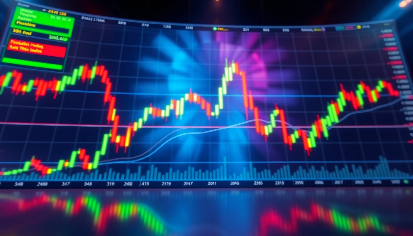 Trading view platform showcasing live market charts with technical analysis tools and vibrant